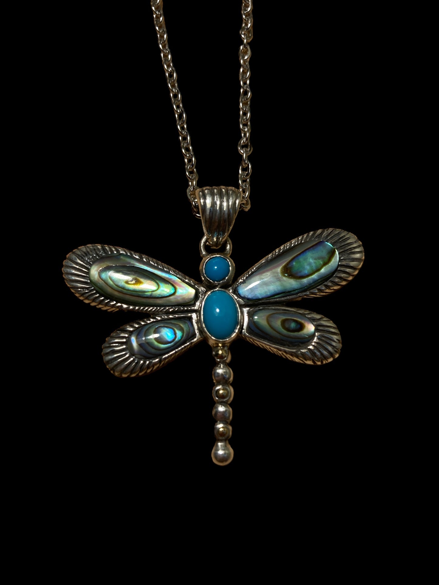 Sterling Silver Dragonfly inlayed with Sleeping Beauty Turquoise & Abalone Shell