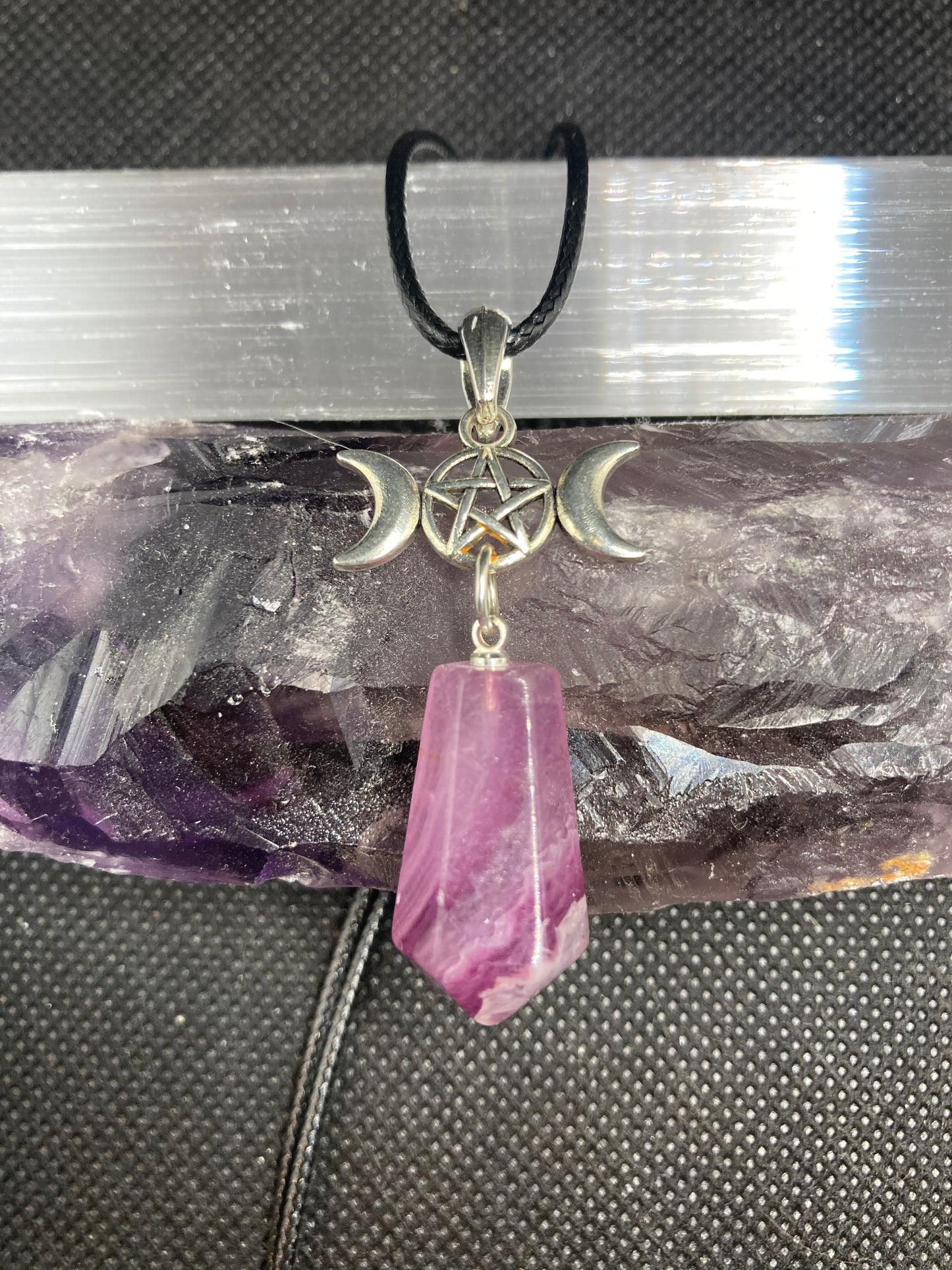 Triple Goddess pentacle with purple Fluorite crystal pendant