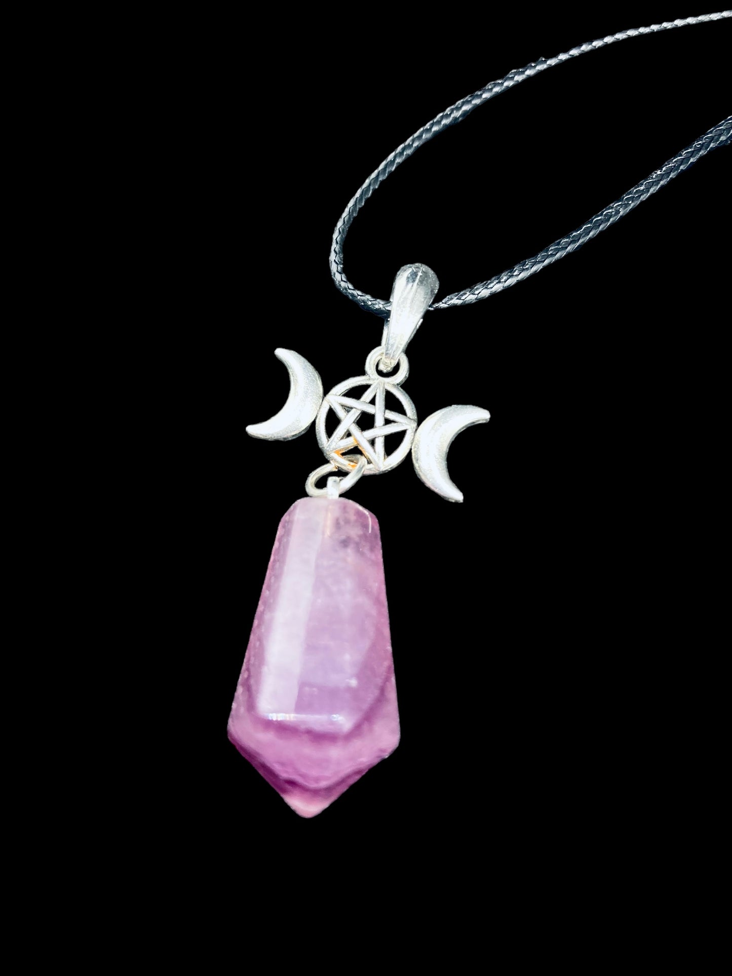 Triple Goddess pentacle with purple Fluorite crystal pendant