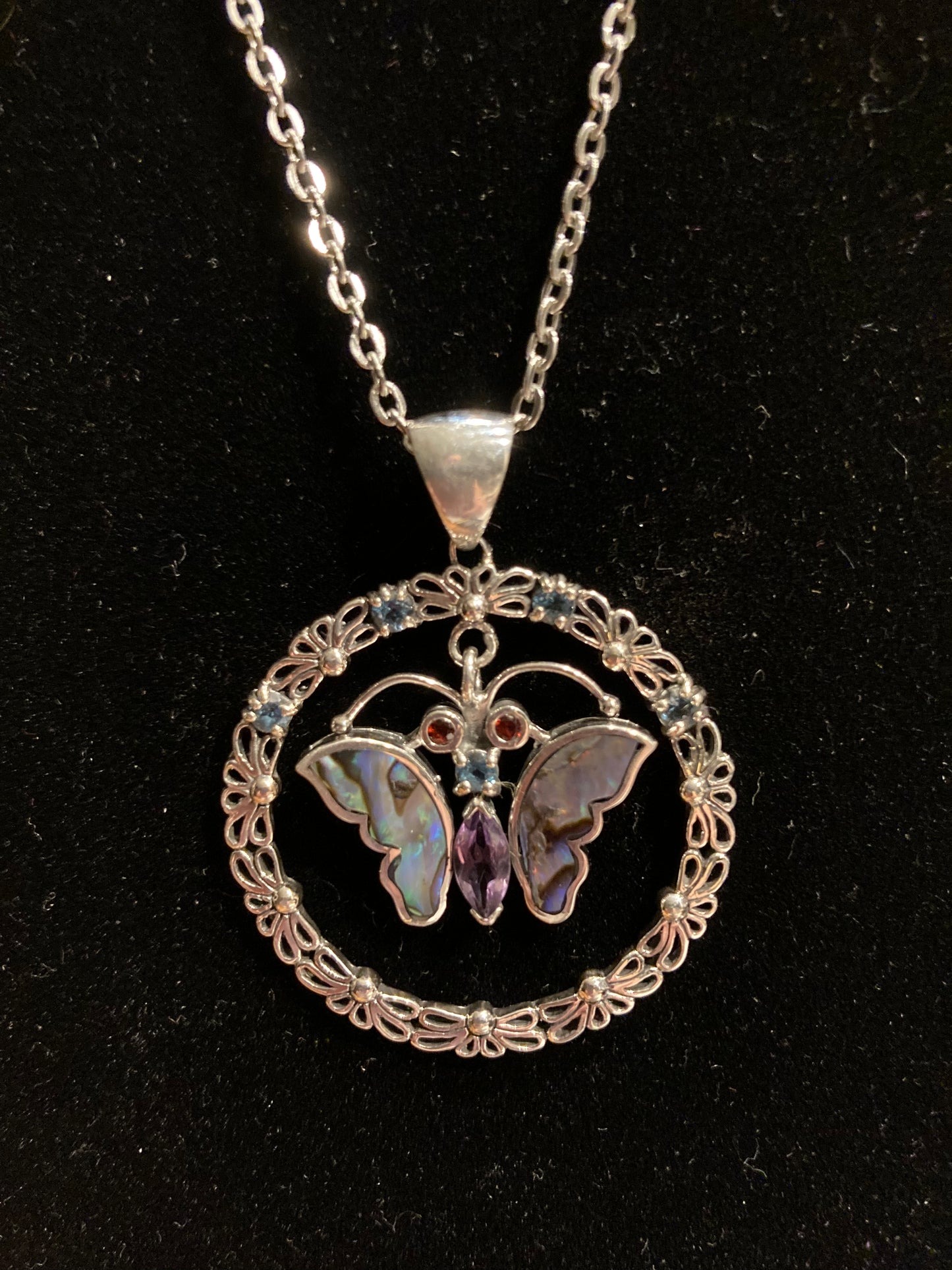 Sterling Silver Butterfly with Amethyst & Abalone pendant & Necklace