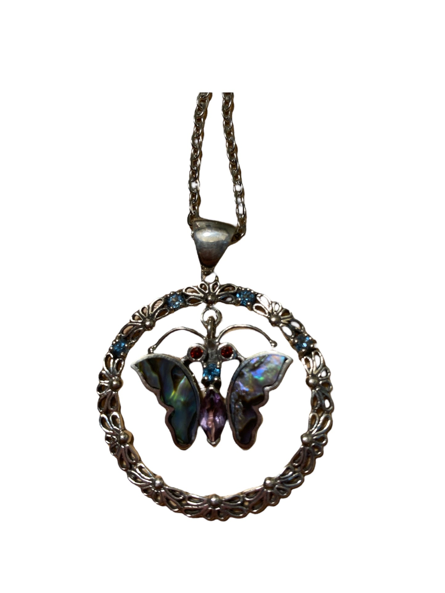 Sterling Silver Butterfly with Amethyst & Abalone pendant & Necklace