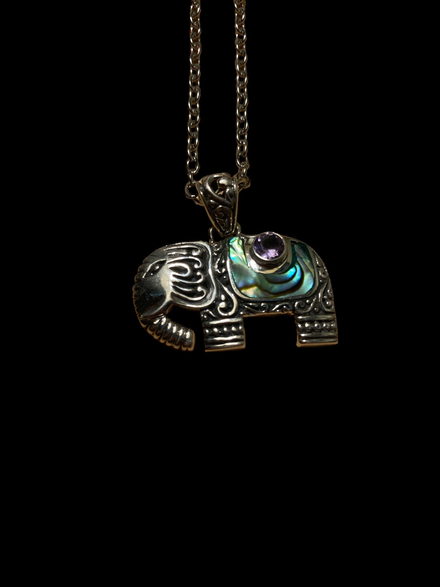 Sterling Silver Elephant inlayed with Abalone & Amethyst