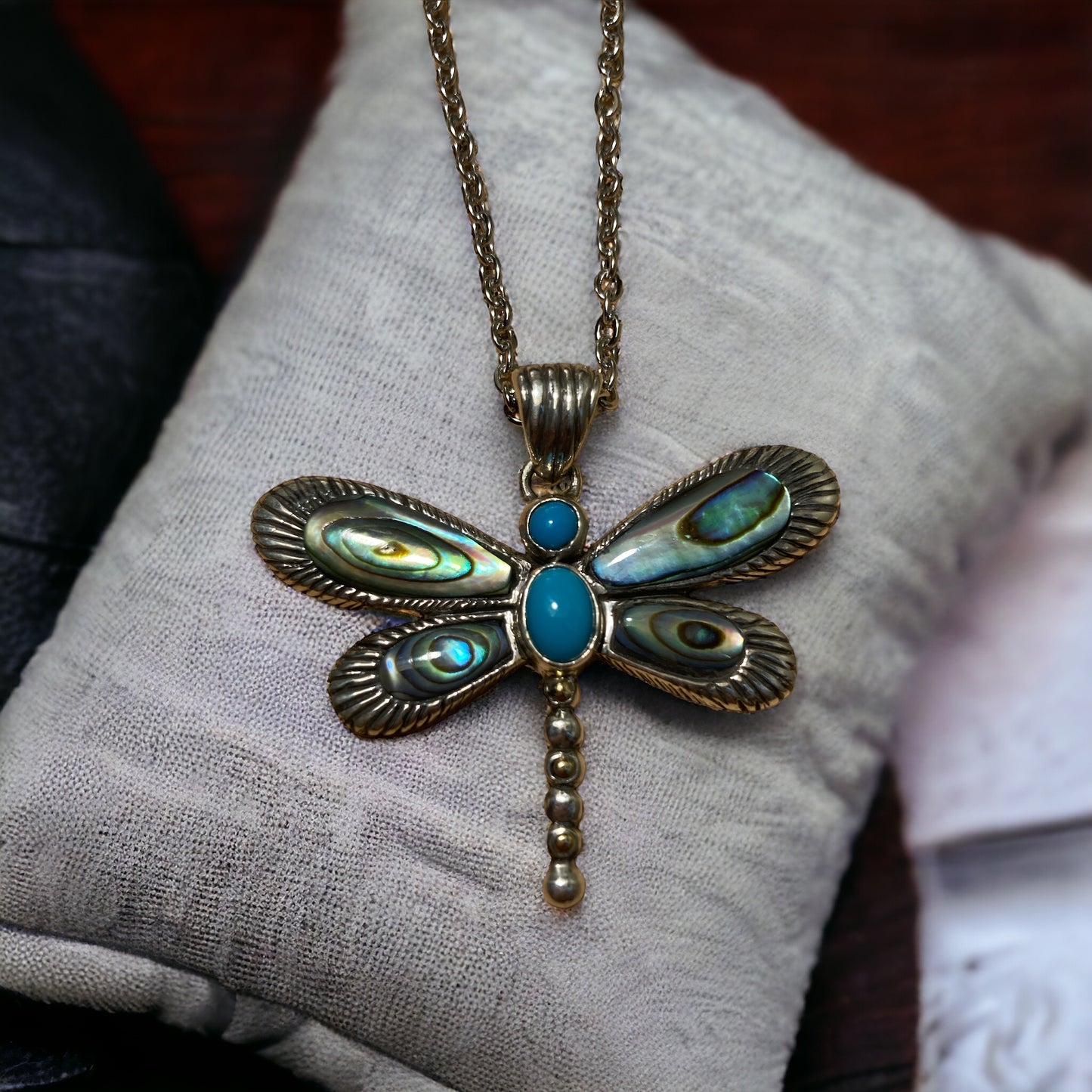 Sterling Silver Dragonfly inlayed with Sleeping Beauty Turquoise & Abalone Shell