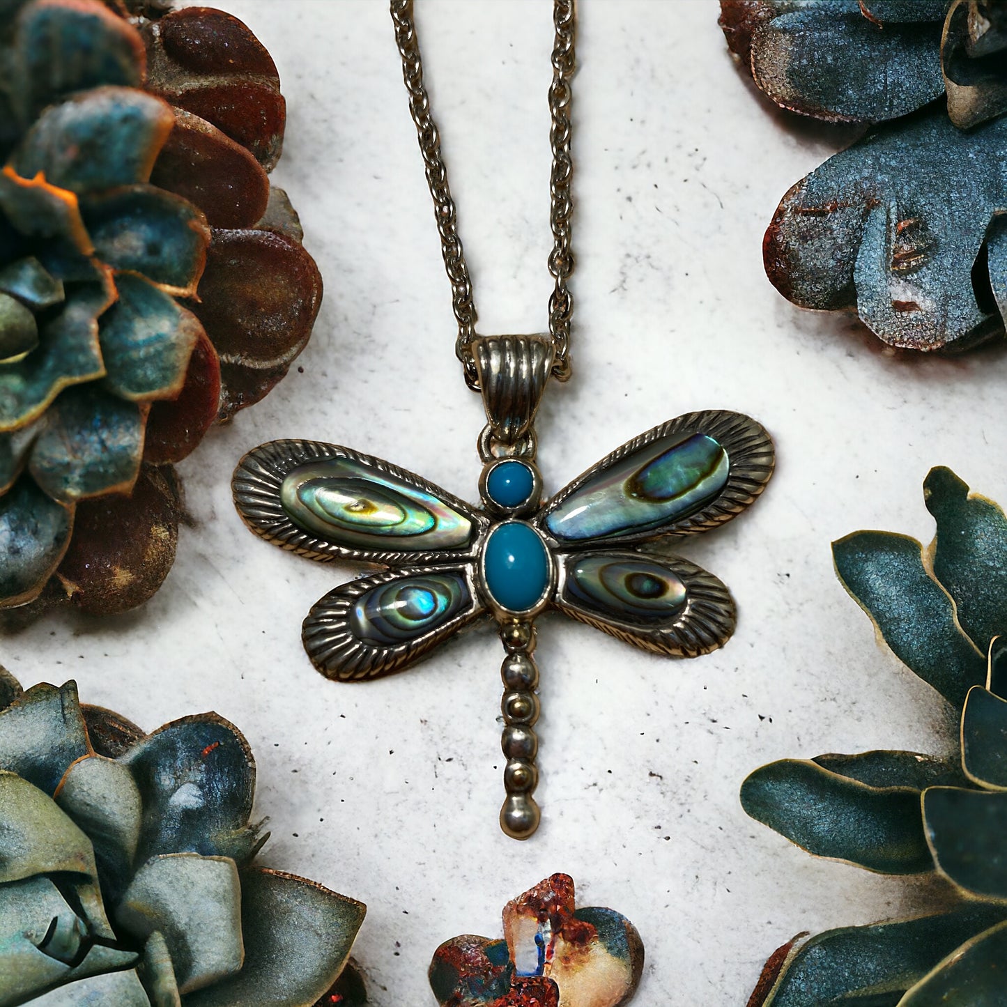 Sterling Silver Dragonfly inlayed with Sleeping Beauty Turquoise & Abalone Shell