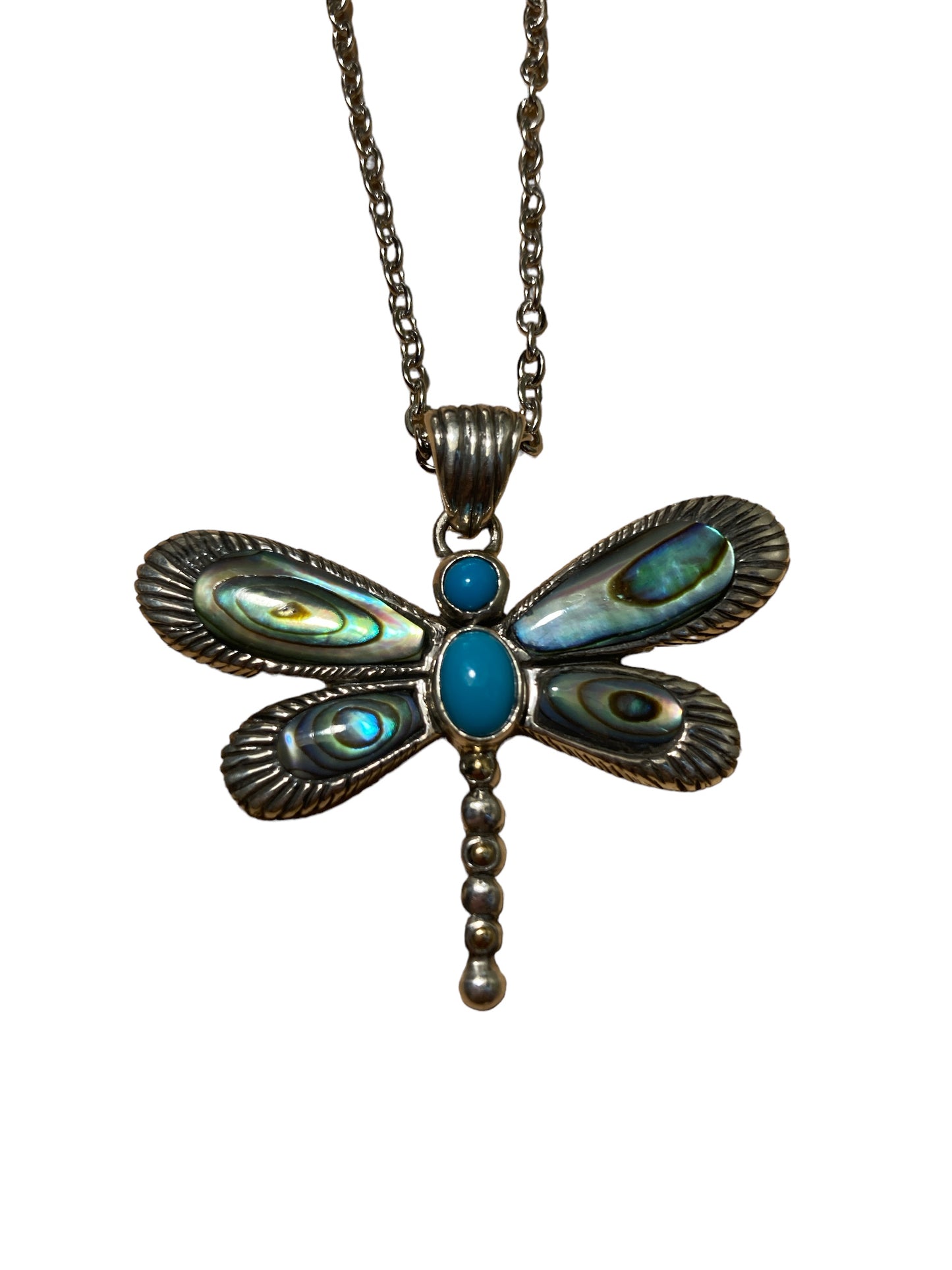 Sterling Silver Dragonfly inlayed with Sleeping Beauty Turquoise & Abalone Shell